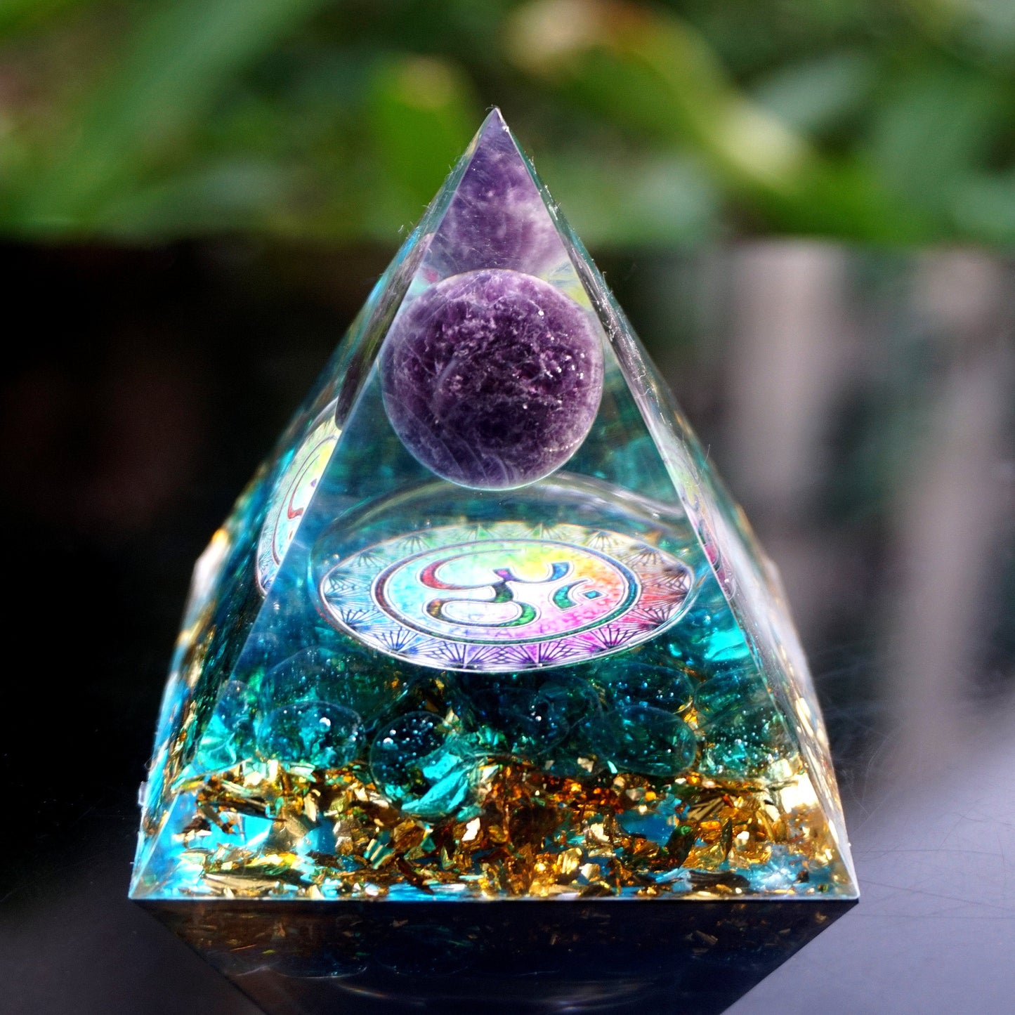 HANDMADE OHM AMETHYST SPHERE BLUE QUARTZ ORGONE PYRAMID 60MM