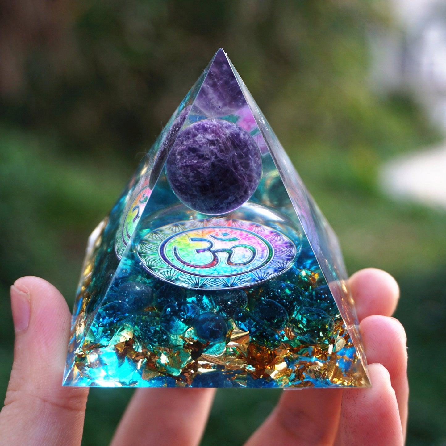 HANDMADE OHM AMETHYST SPHERE BLUE QUARTZ ORGONE PYRAMID 60MM