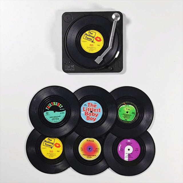 Awesome 6pcs Vinyl Disk Coasters With Vinyl Record Player Holder