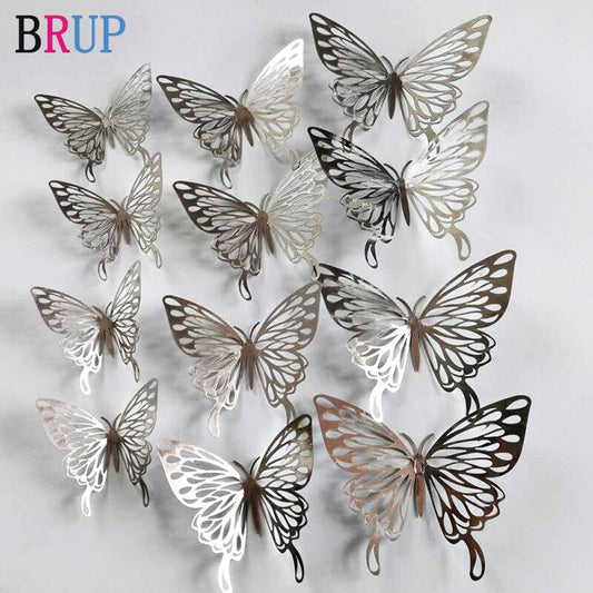 Gorgeous! 12Pcs 3D Hollow Golden Silver Butterfly Wall Stickers