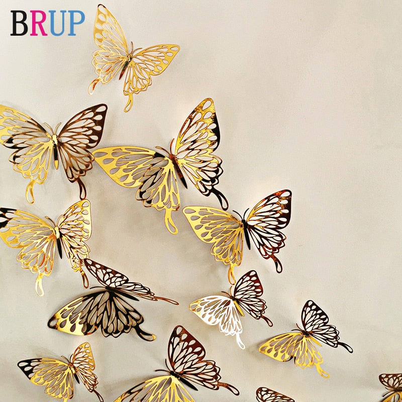 Gorgeous! 12Pcs 3D Hollow Golden Silver Butterfly Wall Stickers
