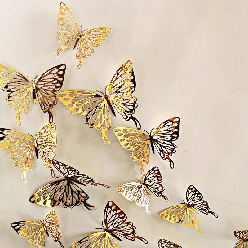 Gorgeous! 12Pcs 3D Hollow Golden Silver Butterfly Wall Stickers