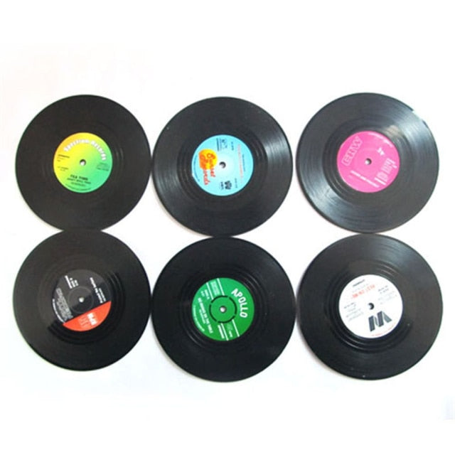 Awesome 6pcs Vinyl Disk Coasters With Vinyl Record Player Holder