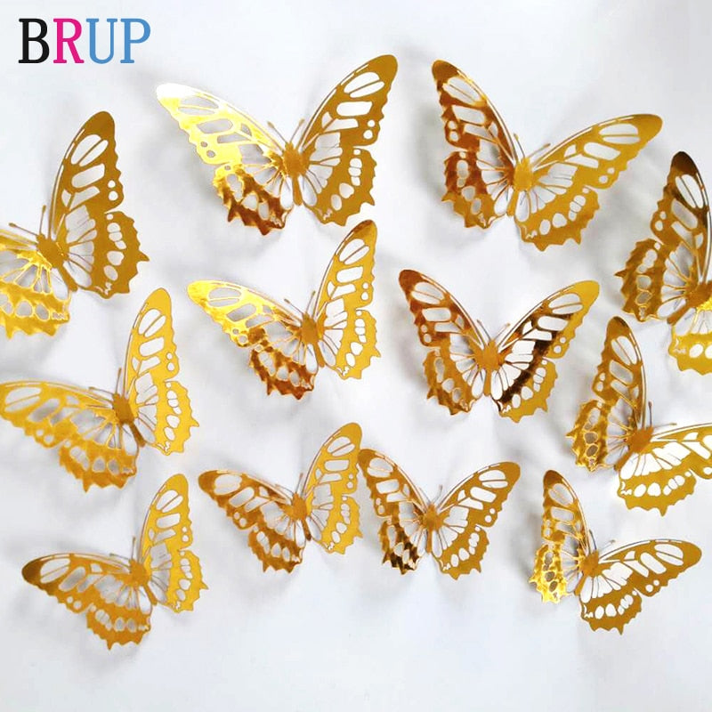 Gorgeous! 12Pcs 3D Hollow Golden Silver Butterfly Wall Stickers