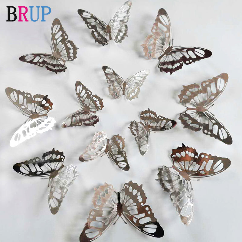 Gorgeous! 12Pcs 3D Hollow Golden Silver Butterfly Wall Stickers