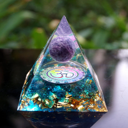 HANDMADE OHM AMETHYST SPHERE BLUE QUARTZ ORGONE PYRAMID 60MM