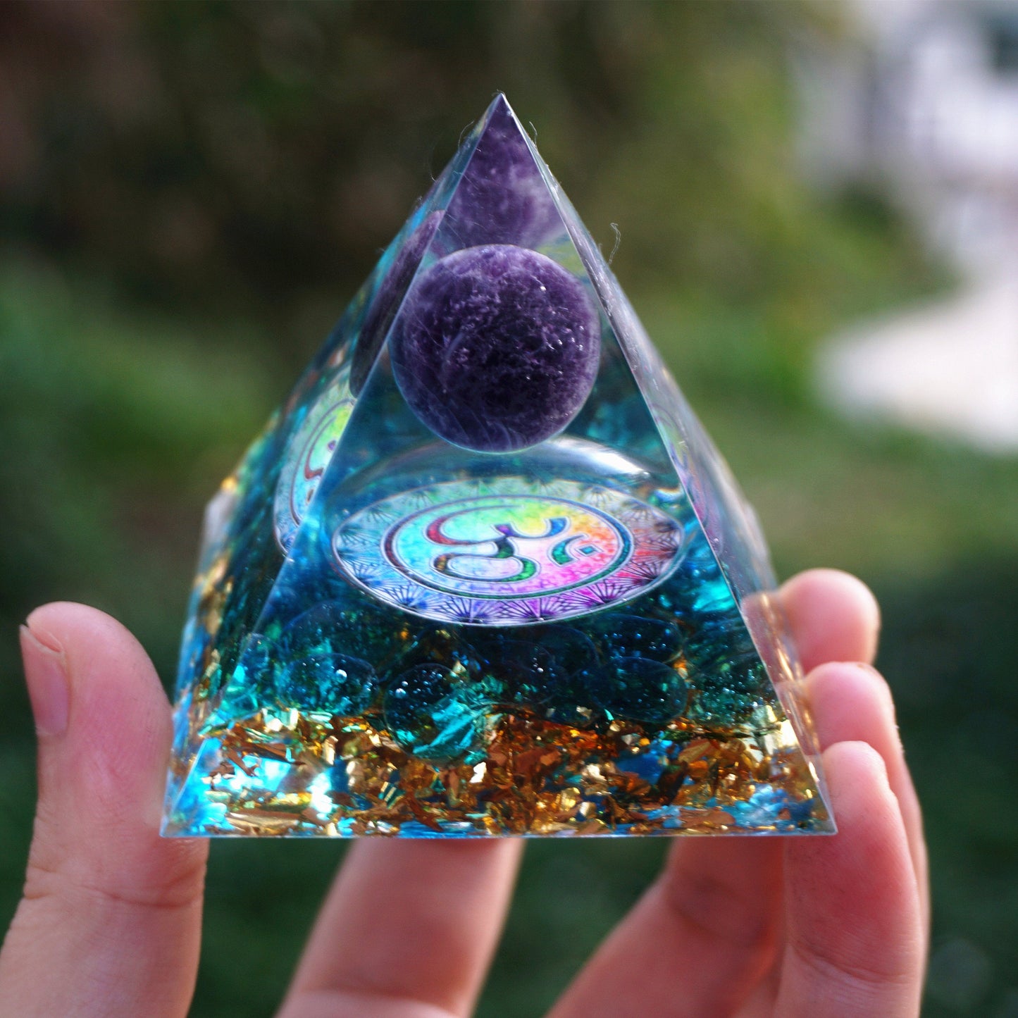 HANDMADE OHM AMETHYST SPHERE BLUE QUARTZ ORGONE PYRAMID 60MM