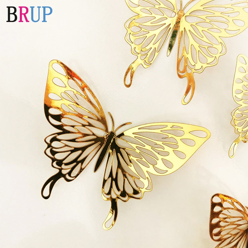 Gorgeous! 12Pcs 3D Hollow Golden Silver Butterfly Wall Stickers