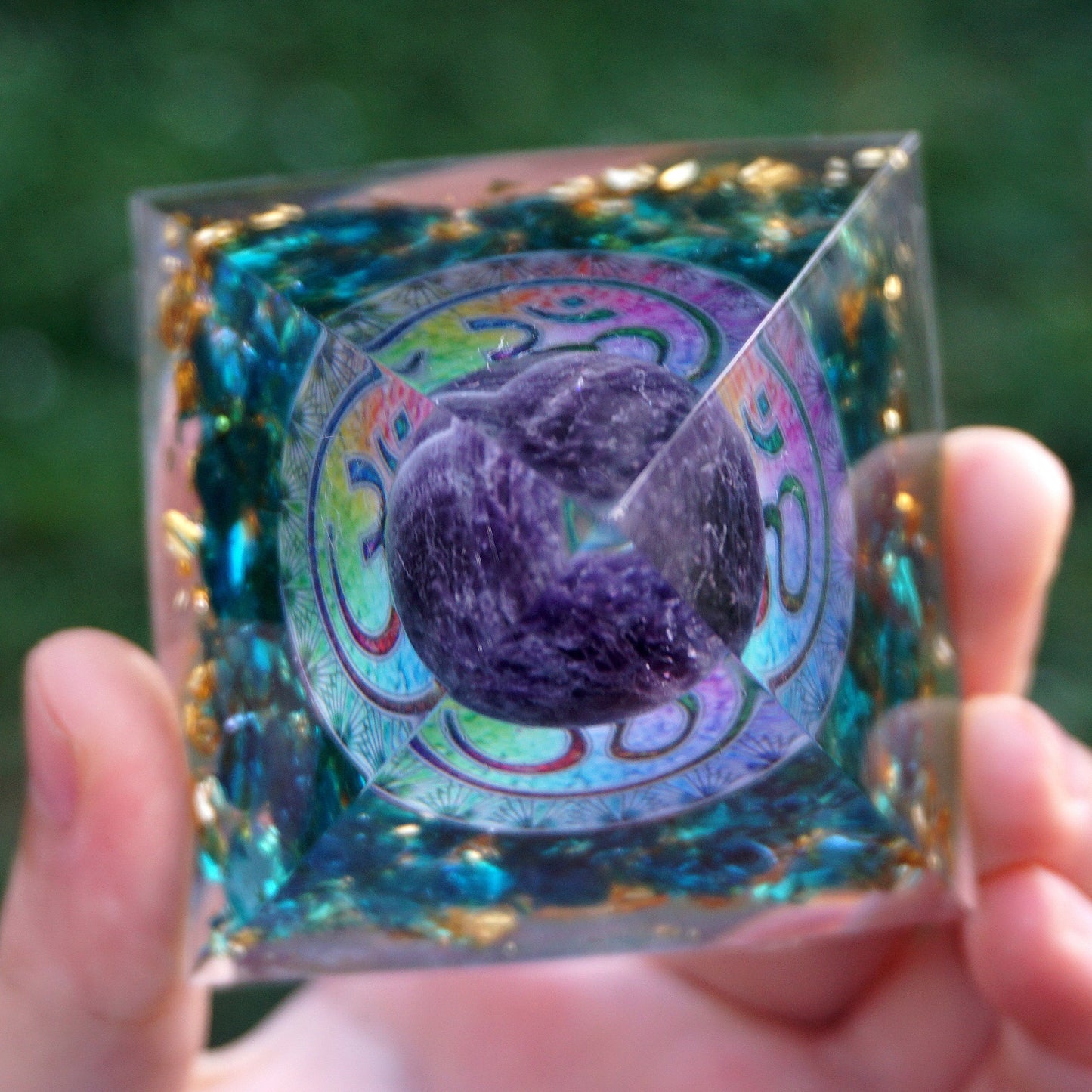 HANDMADE OHM AMETHYST SPHERE BLUE QUARTZ ORGONE PYRAMID 60MM
