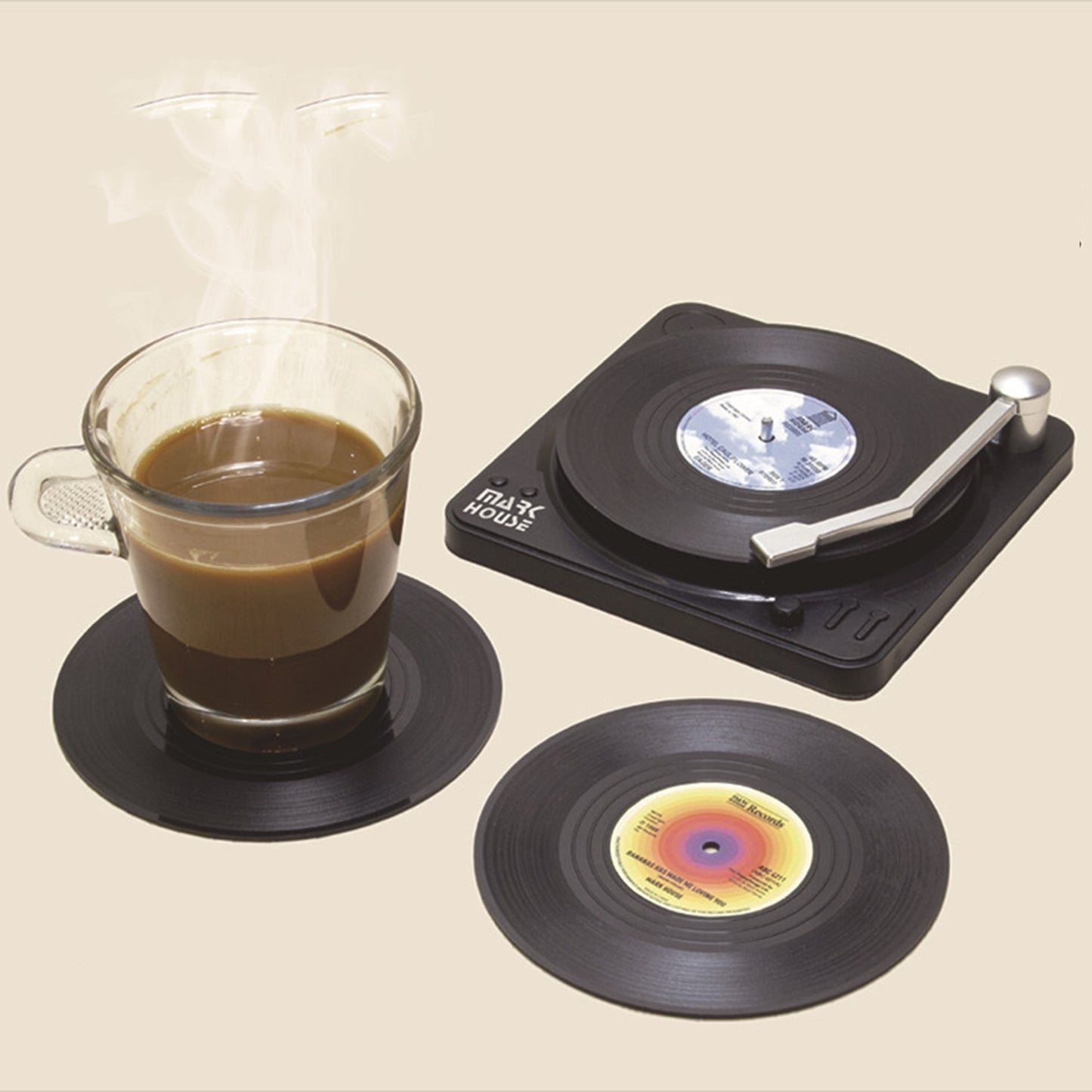 Awesome 6pcs Vinyl Disk Coasters With Vinyl Record Player Holder